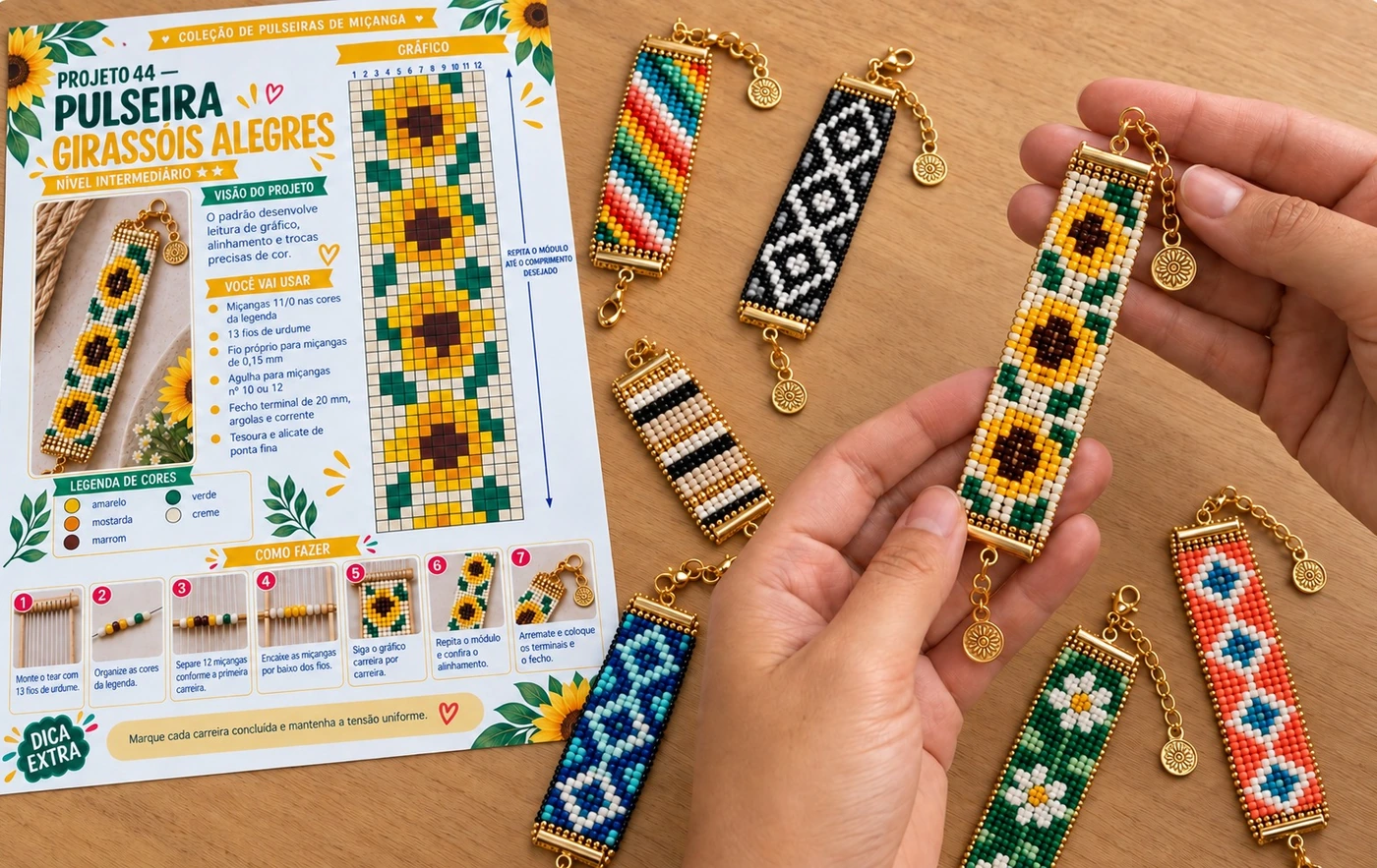 Página impressa do Projeto 44 Girassóis Alegres ao lado de diferentes pulseiras de miçanga, com mãos segurando a peça correspondente ao gráfico