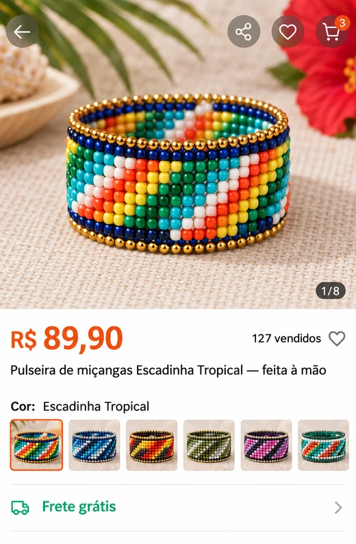 Anúncio da pulseira Escadinha Tropical por R$ 89,90 com 127 unidades vendidas