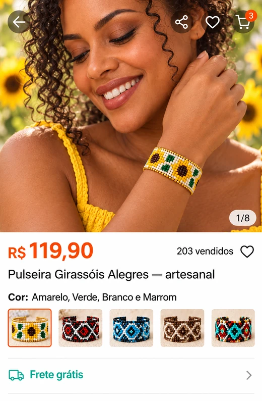 Anúncio com modelo usando a pulseira Girassóis Alegres por R$ 119,90